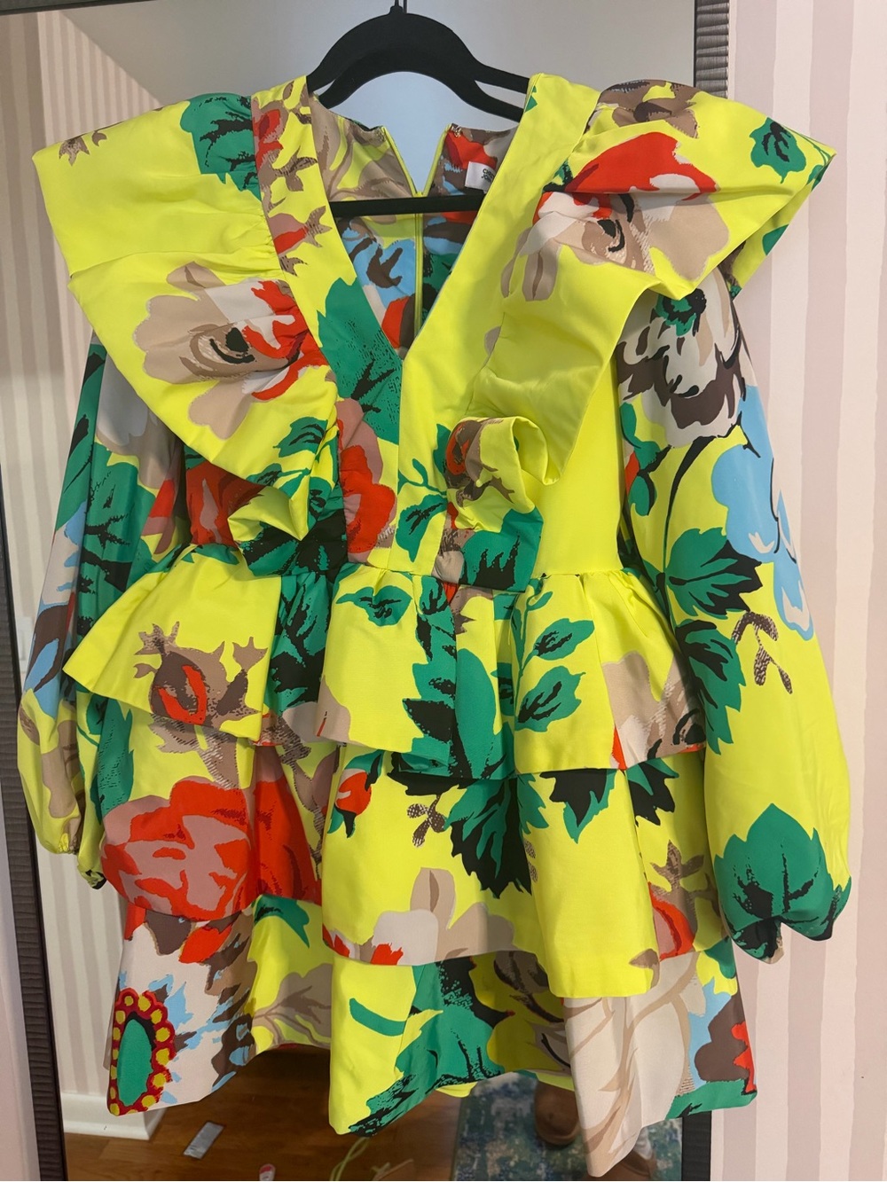 Christopher John Rogers Neon Yellow Floral Ruffle Dress